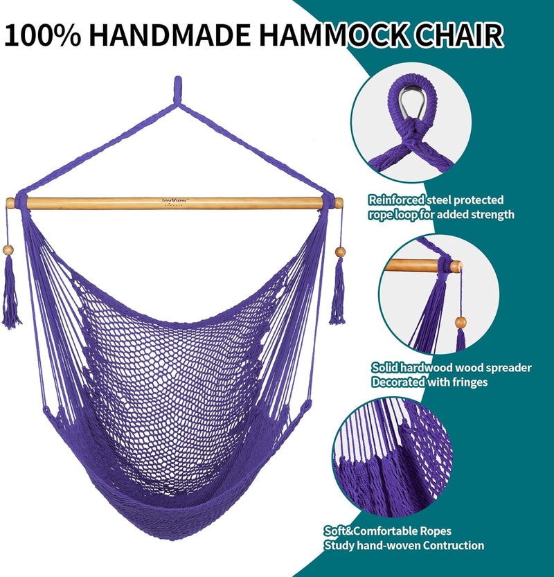 JoyView Hammock Chair with Spreader Bar Caribbean Hammock Swing Chair 300 LBS Weight Capacity XL Rope Hanging Chair for Outdoor Indoor Garden Yard - Purple - Image 4